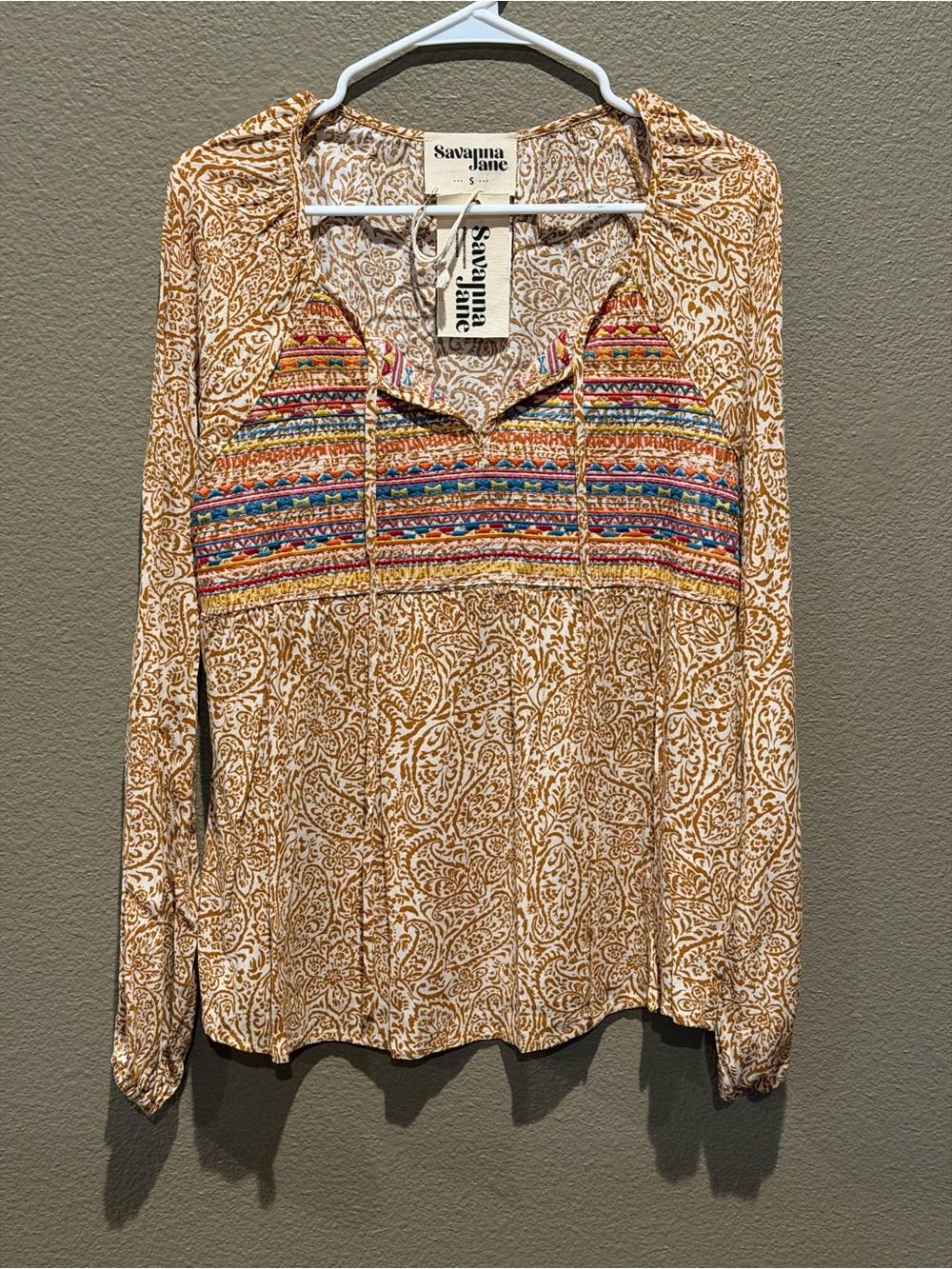 Savanna Jane Tan Paisley Tunic with Multicolor Embroidered Yoke
